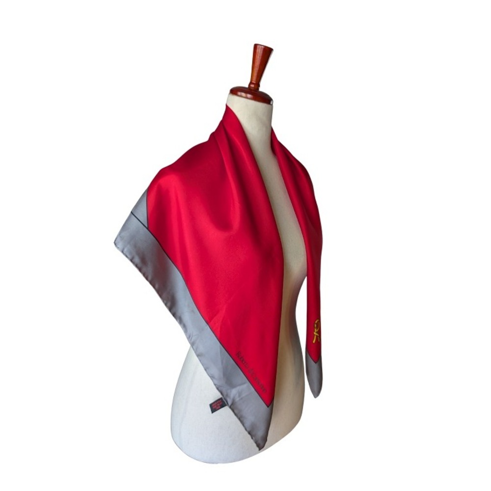 Vintage Roberta di Camerino Red Grey Silk Square Scarf Geometric Belt Motif - Picture 4 of 11